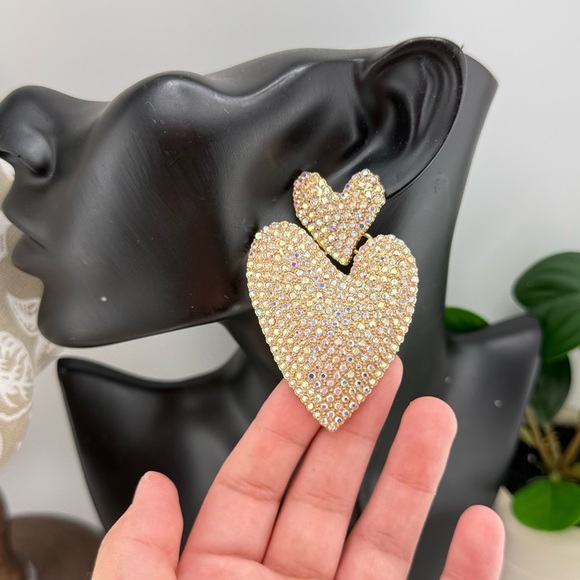 Glam Rhinestone Heart Drop Earrings | Statement Gold-Tone Dangle - Picture 7 of 10
